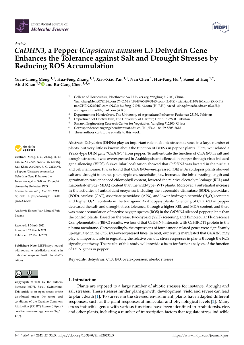 Pdf Cadhn3 A Pepper Capsicum Annuum L Dehydrin Gene Enhances The Tolerance Against Salt And Drought Stresses By Reducing Ros Accumulation