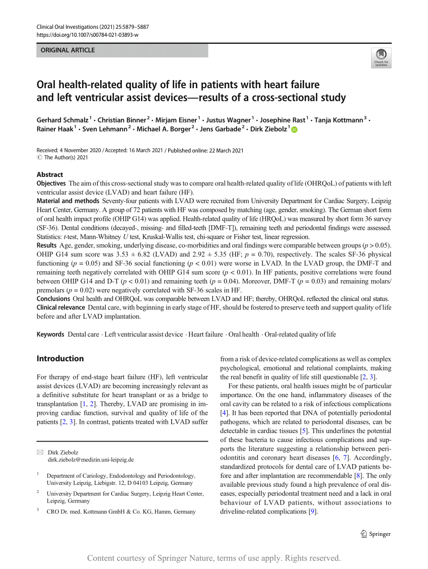 Malawi Overtræder udelukkende PDF) Oral health-related quality of life in patients with heart failure and  left ventricular assist devices—results of a cross-sectional study