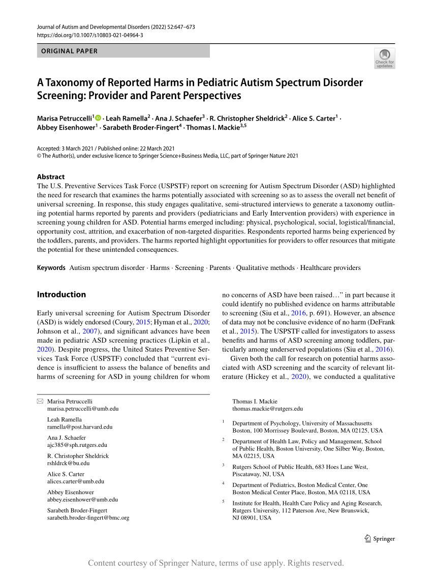 A Taxonomy Of Reported Harms In Pediatric Autism Spectrum Disorder Screening Provider And Parent Perspectives Request Pdf