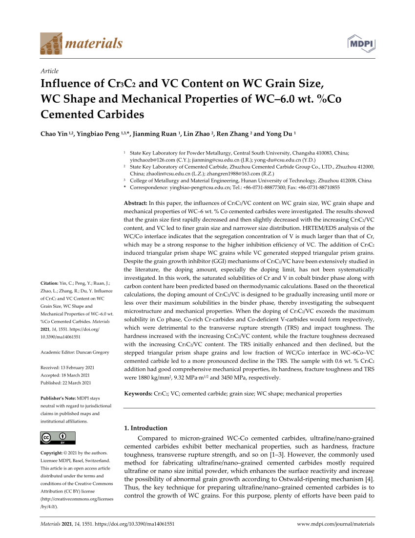 PDF) Influence of Cr3C2 and VC Content on WC Grain Size, WC Shape and  Mechanical Properties of WC–6.0 wt. %Co Cemented Carbides