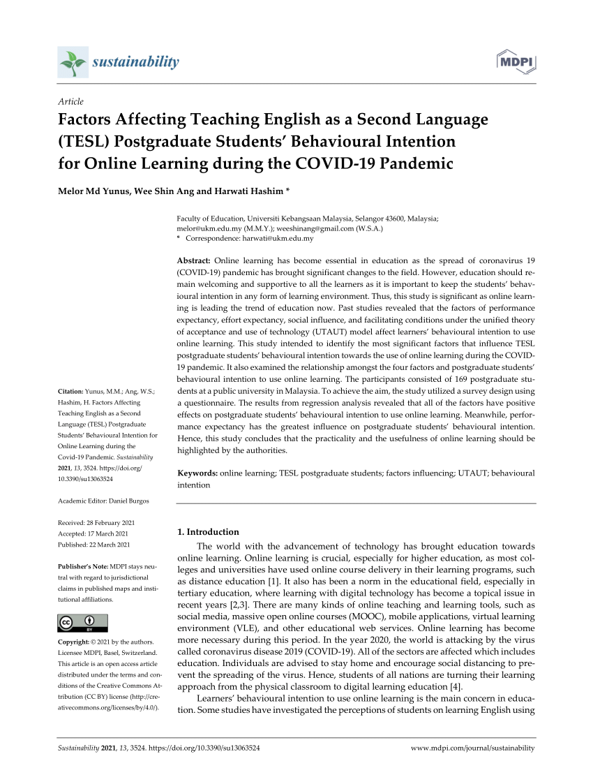 Pdf Factors Affecting Teaching English As A Second Language Tesl Postgraduate Students Behavioural Intention For Online Learning During The Covid 19 Pandemic