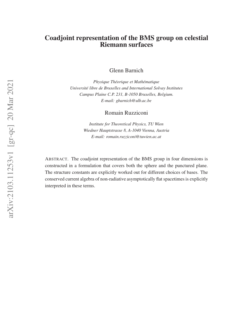 Pdf Coadjoint Representation Of The Bms Group On Celestial Riemann Surfaces
