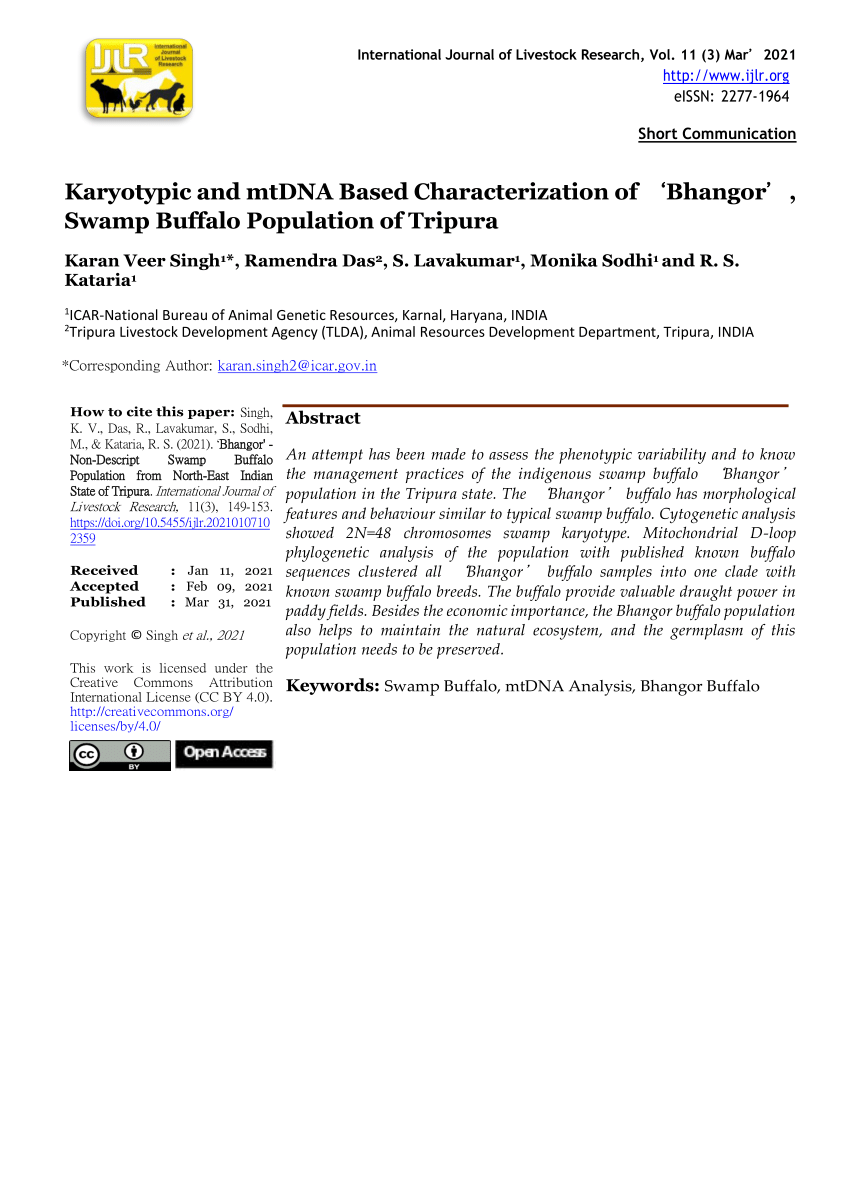 PDF) Karyotypic and mtDNA Based characterization of 'Bhangor' swamp buffalo  population of Tripura
