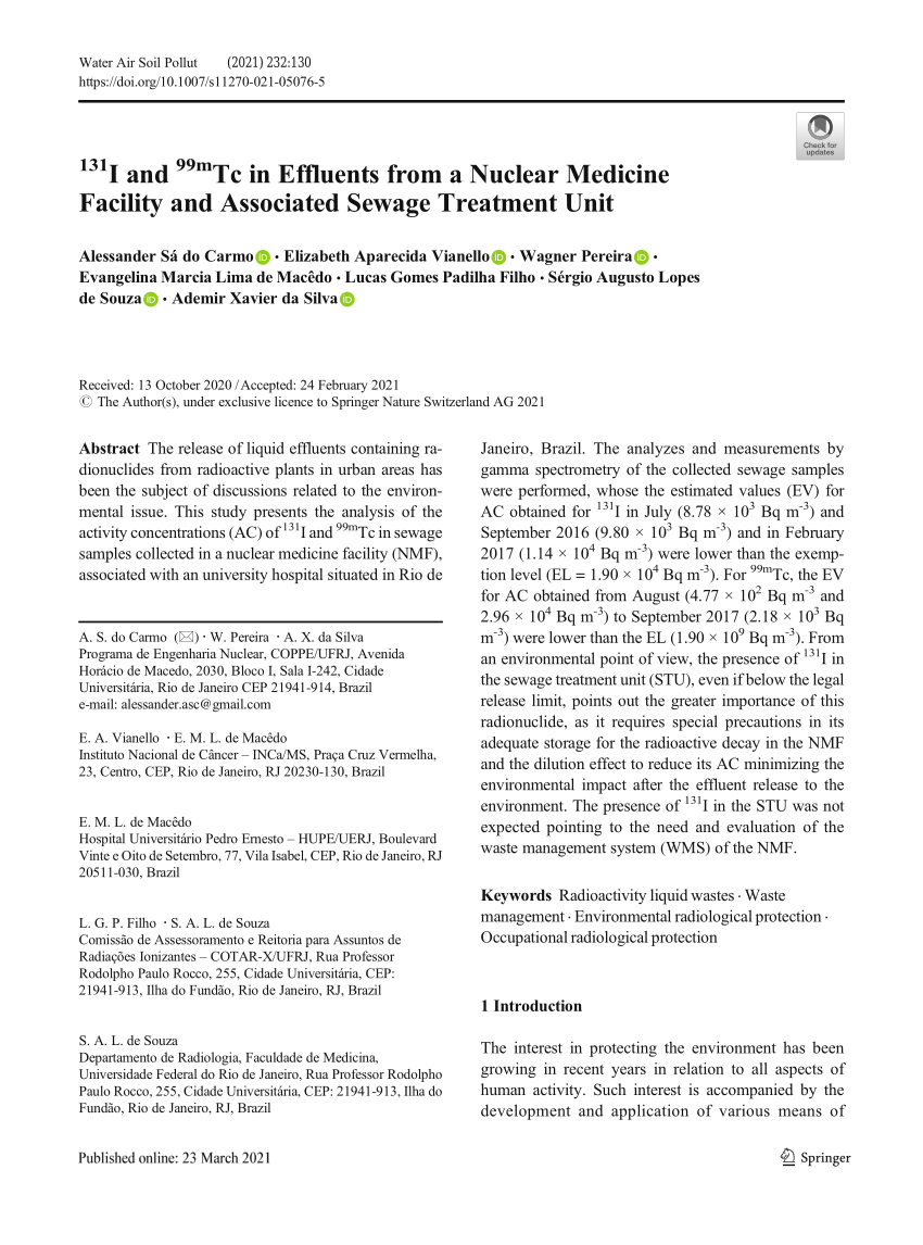 Pdf 131i And 99mtc In Effluents From A Nuclear Medicine Facility And Associated Sewage Treatment Unit