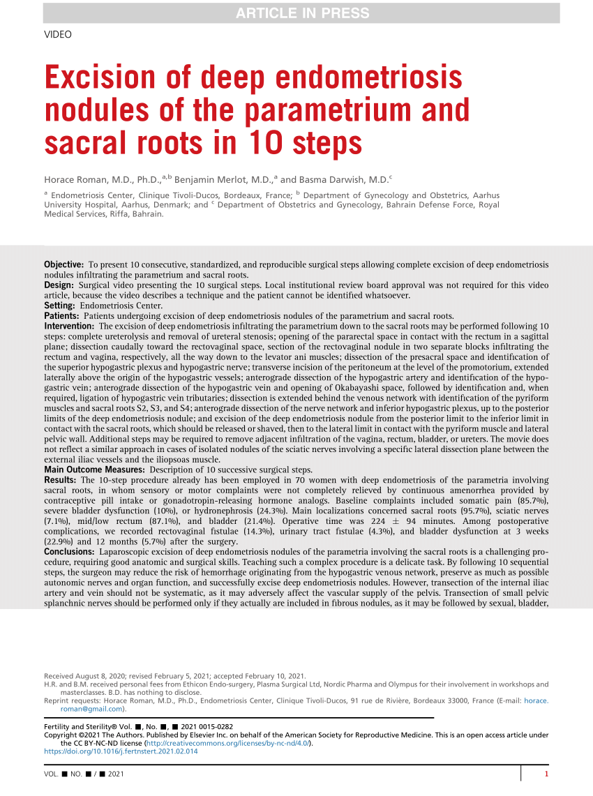 Pdf Excision Of Deep Endometriosis Nodules Of The Parametrium And Sacral Roots In 10 Steps 