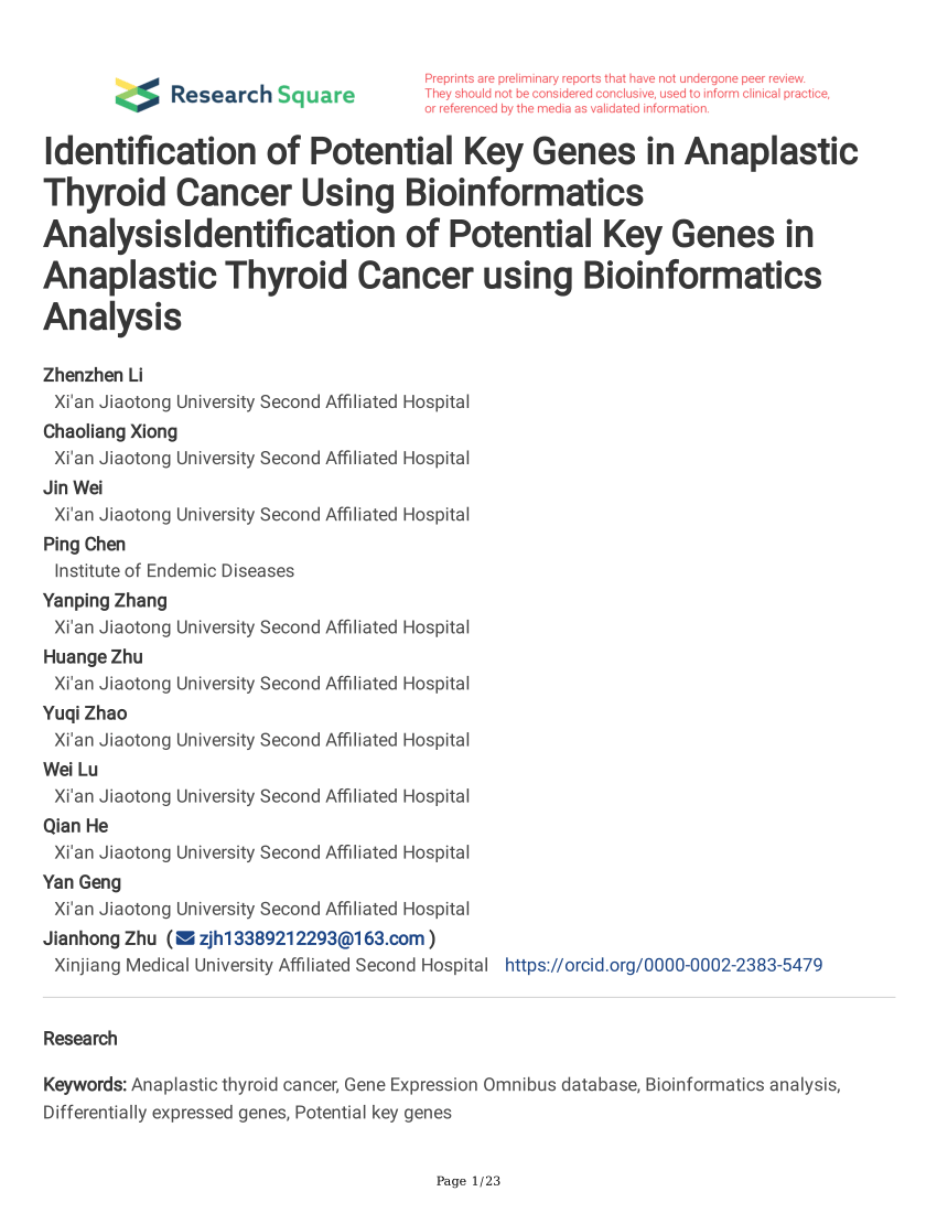 Pdf Identification Of Potential Key Genes In Anaplastic Thyroid Cancer Using Bioinformatics