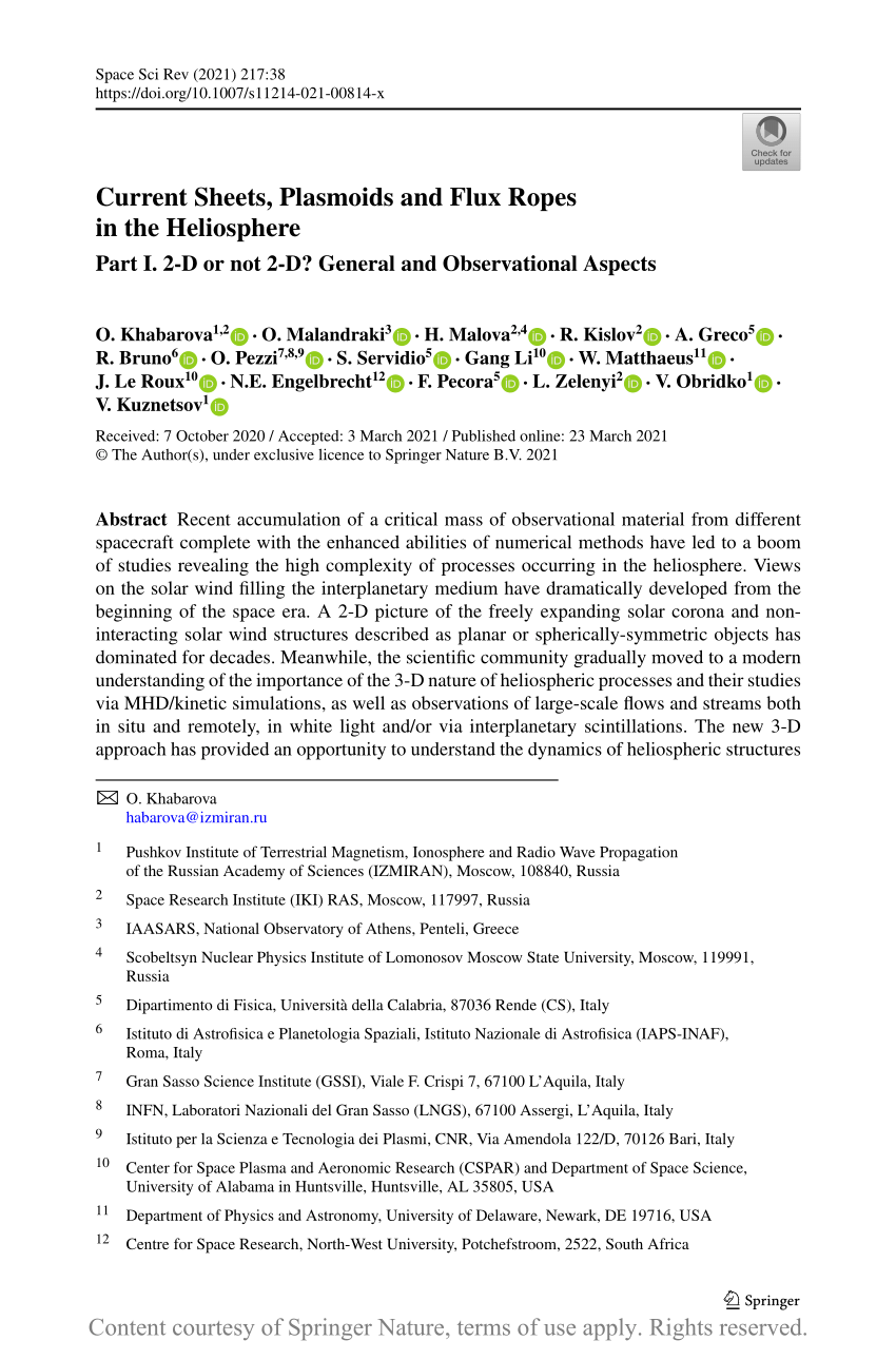 Current Sheets Plasmoids And Flux Ropes In The Heliosphere Part I 2 D Or Not 2 D General And Observational Aspects Request Pdf