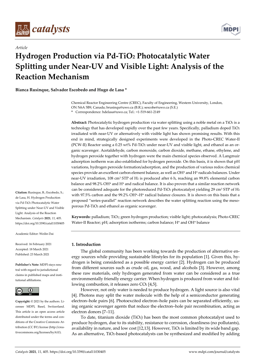 Pdf Hydrogen Production Via Pd Tio2 Photocatalytic Water Splitting Under Near Uv And Visible Light Analysis Of The Reaction Mechanism