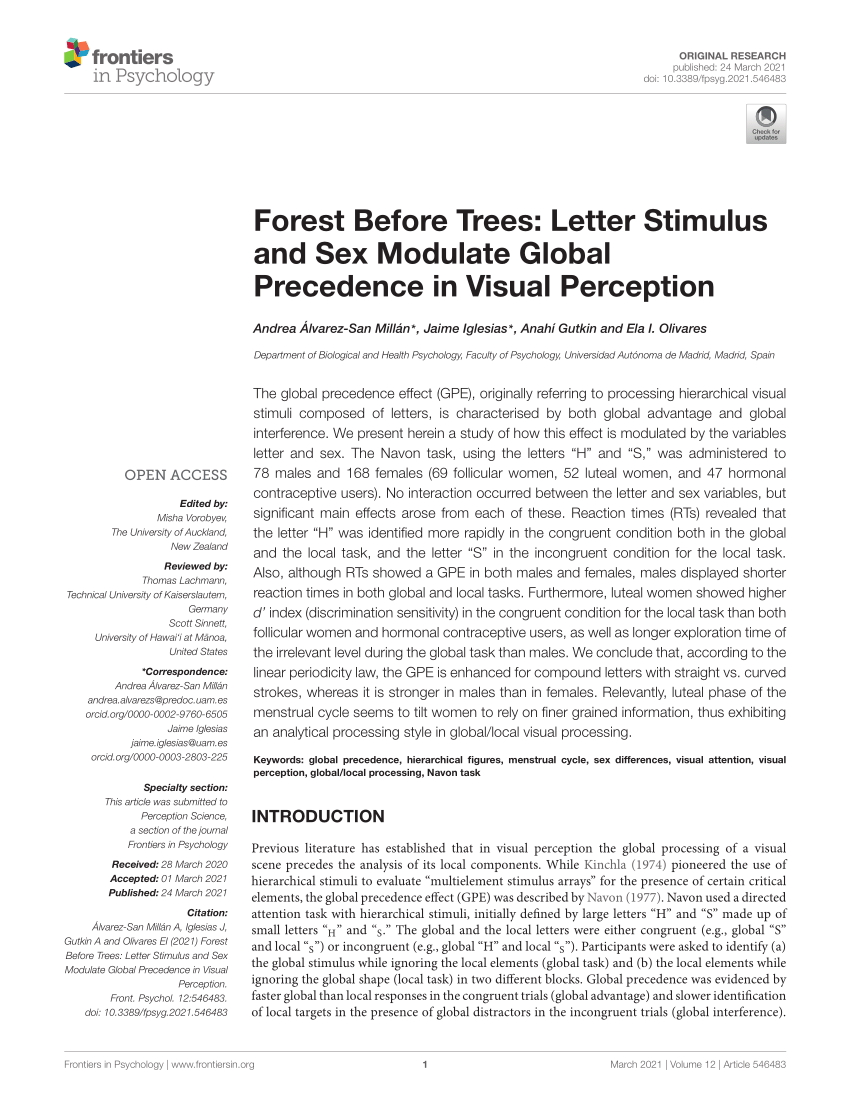 Pdf Forest Before Trees Letter Stimulus And Sex Modulate Global Precedence In Visual Perception 