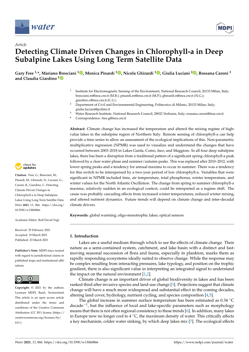 Pdf Detecting Climate Driven Changes In Chlorophyll A In Deep Subalpine Lakes Using Long Term Satellite Data