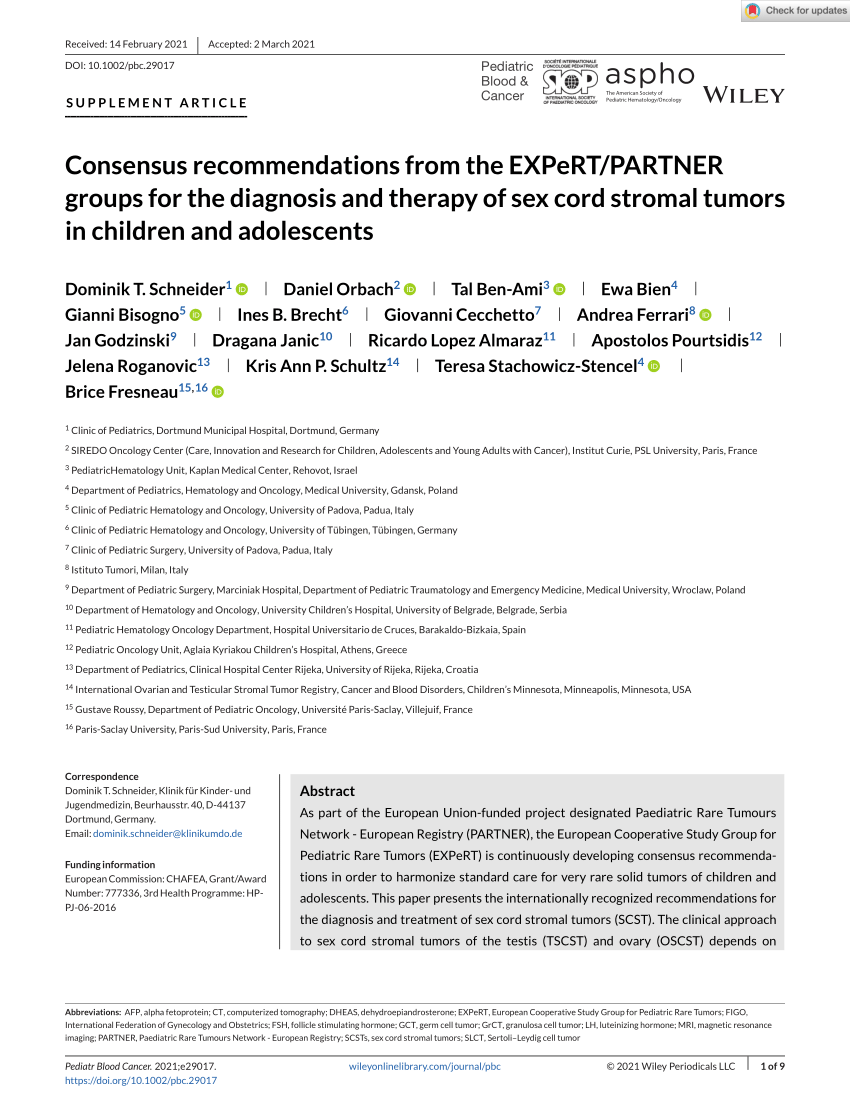 PDF) Consensus recommendations from the EXPeRT/PARTNER groups for the  diagnosis and therapy of sex cord stromal tumors in children and adolescents