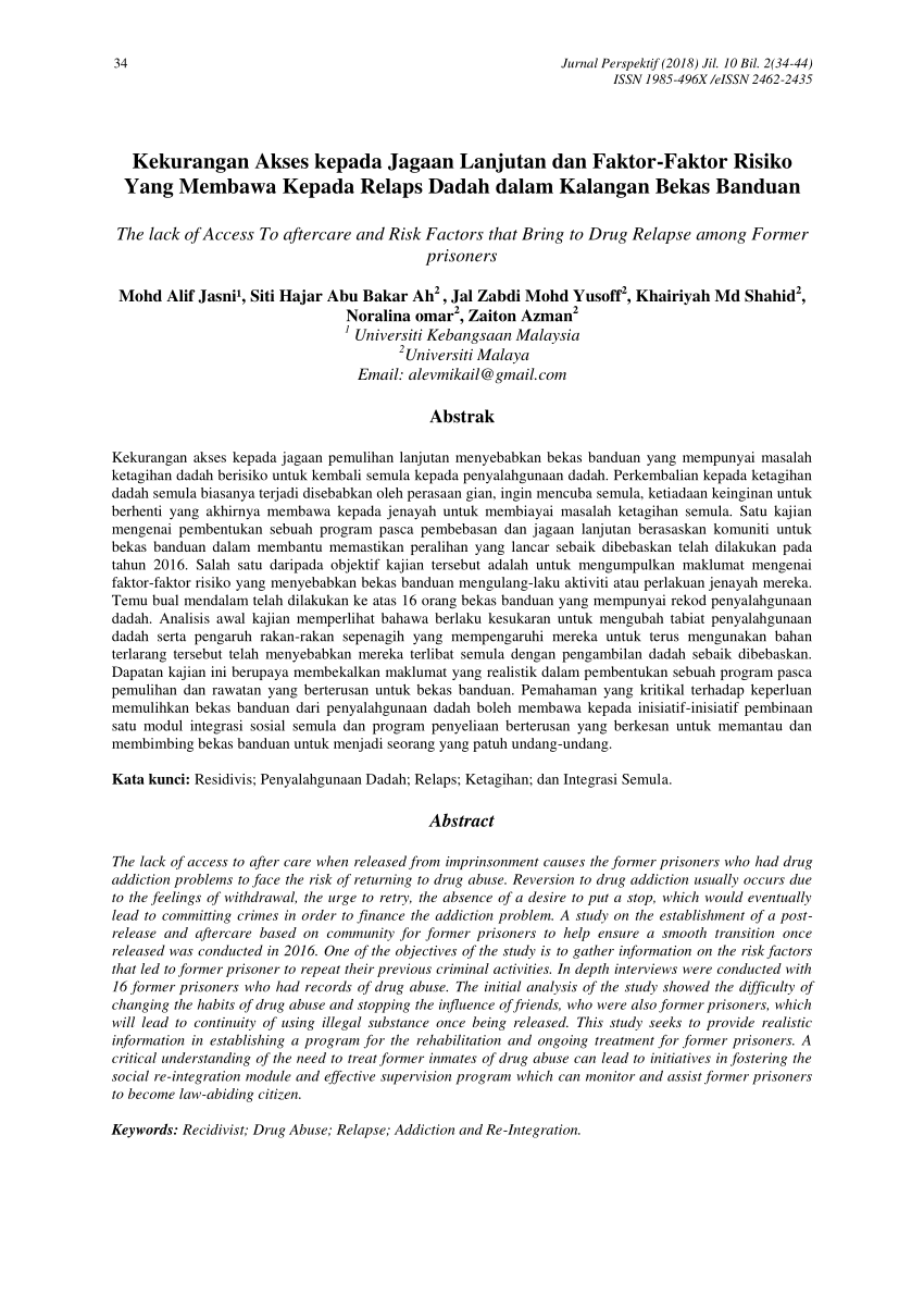 Pdf Kekurangan Akses Kepada Jagaan Lanjutan Dan Faktor Faktor Risiko Yang Membawa Kepada Relaps Dadah Dalam Kalangan Bekas Banduan