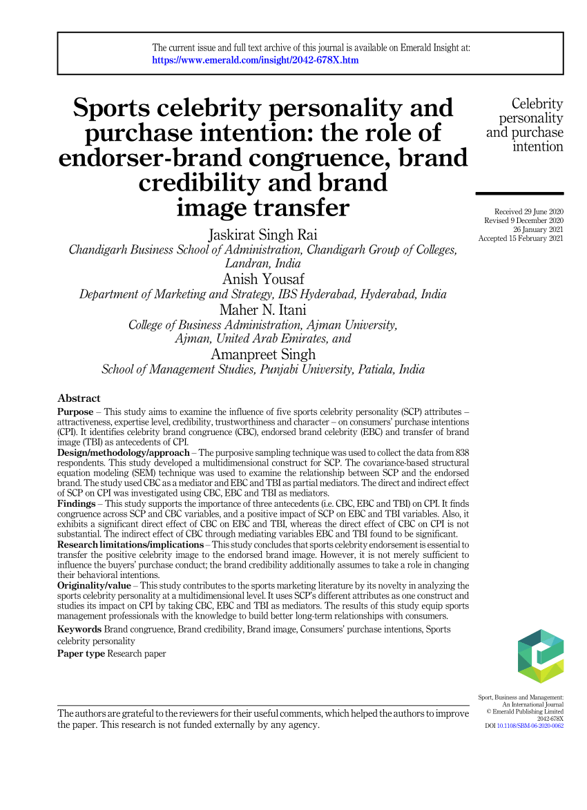 PDF) Sports celebrity personality and purchase intention: the role
