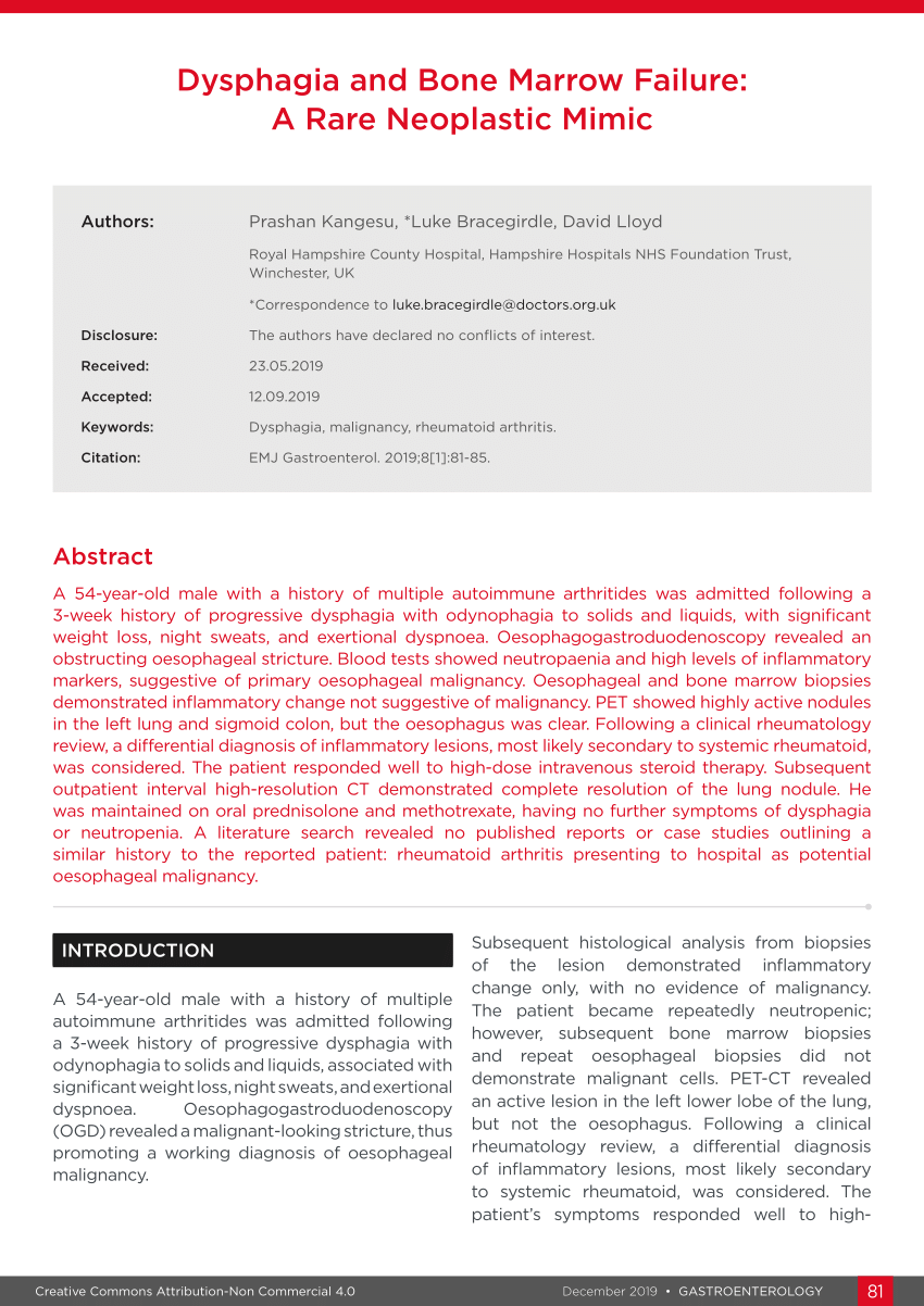 Pdf Dysphagia And Bone Marrow Failure A Rare Neoplastic Mimic