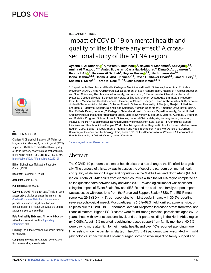 Pdf Impact Of Covid 19 On Mental Health And Quality Of Life Is There Any Effect A Cross Sectional Study Of The Mena Region
