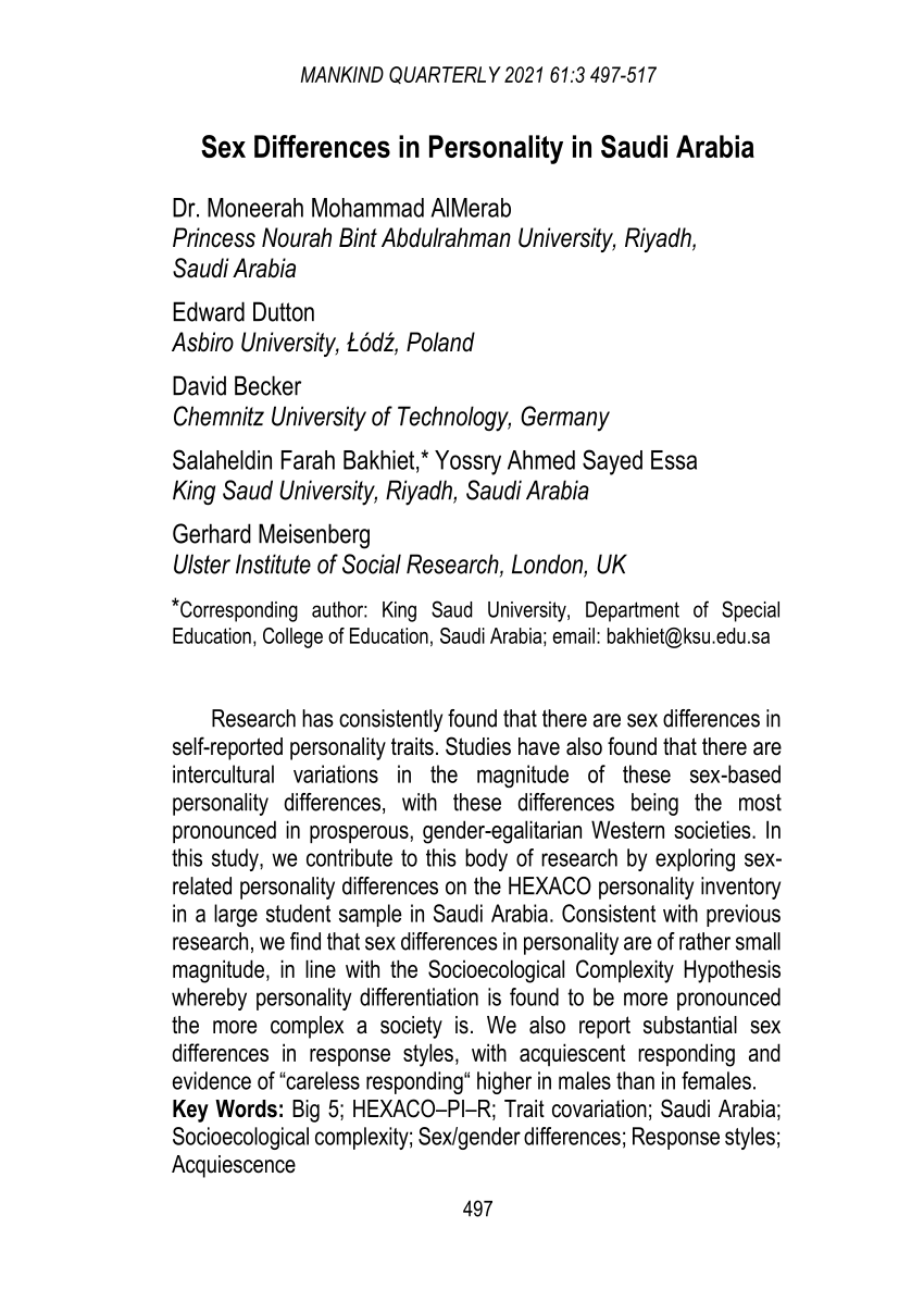 PDF) Sex Differences in Personality in Saudi Arabia