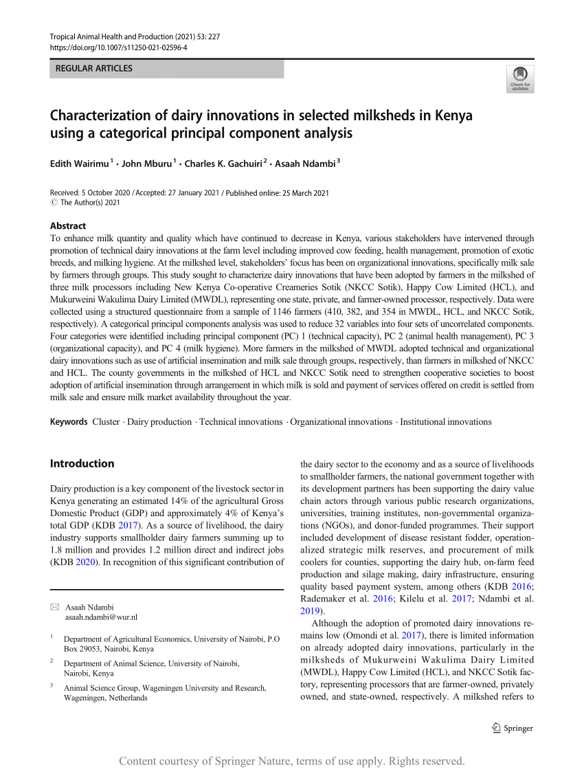 Pdf Characterization Of Dairy Innovations In Selected Milksheds In Kenya Using A Categorical Principal Component Analysis