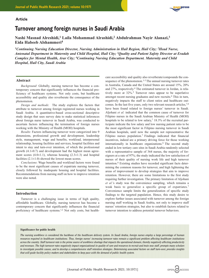 PDF Turnover among Foreign Nurses in Saudi Arabia