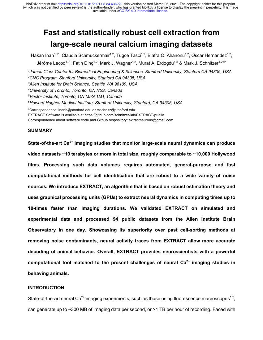 Pdf Fast And Statistically Robust Cell Extraction From Large Scale Neural Calcium Imaging Datasets