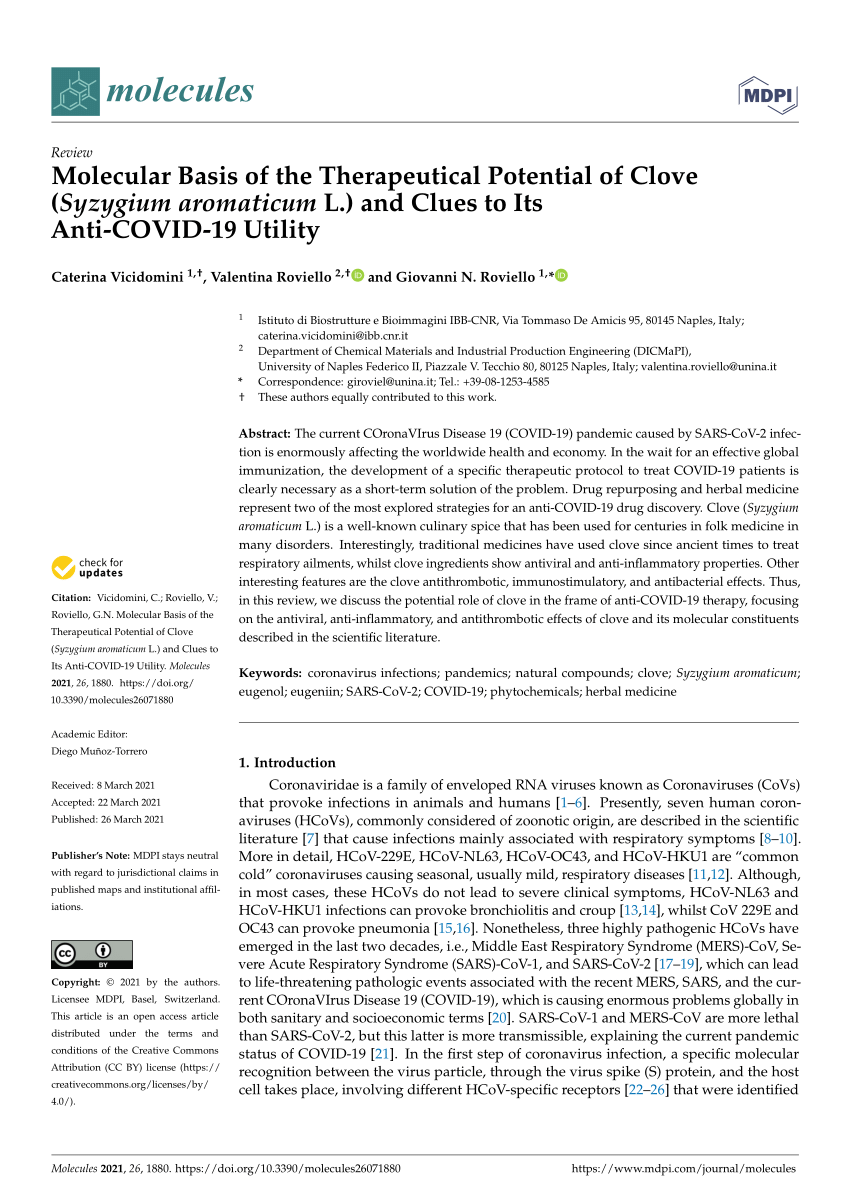 Pdf Molecular Basis Of The Therapeutical Potential Of Clove Syzygium Aromaticum L And Clues To Its Anti Covid 19 Utility