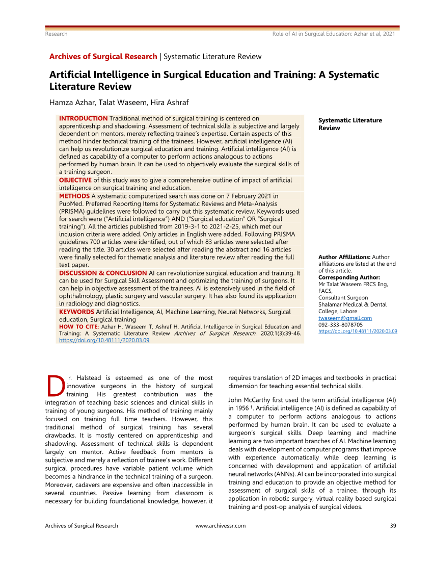 (PDF) Artificial Intelligence in Surgical Education and Training: A