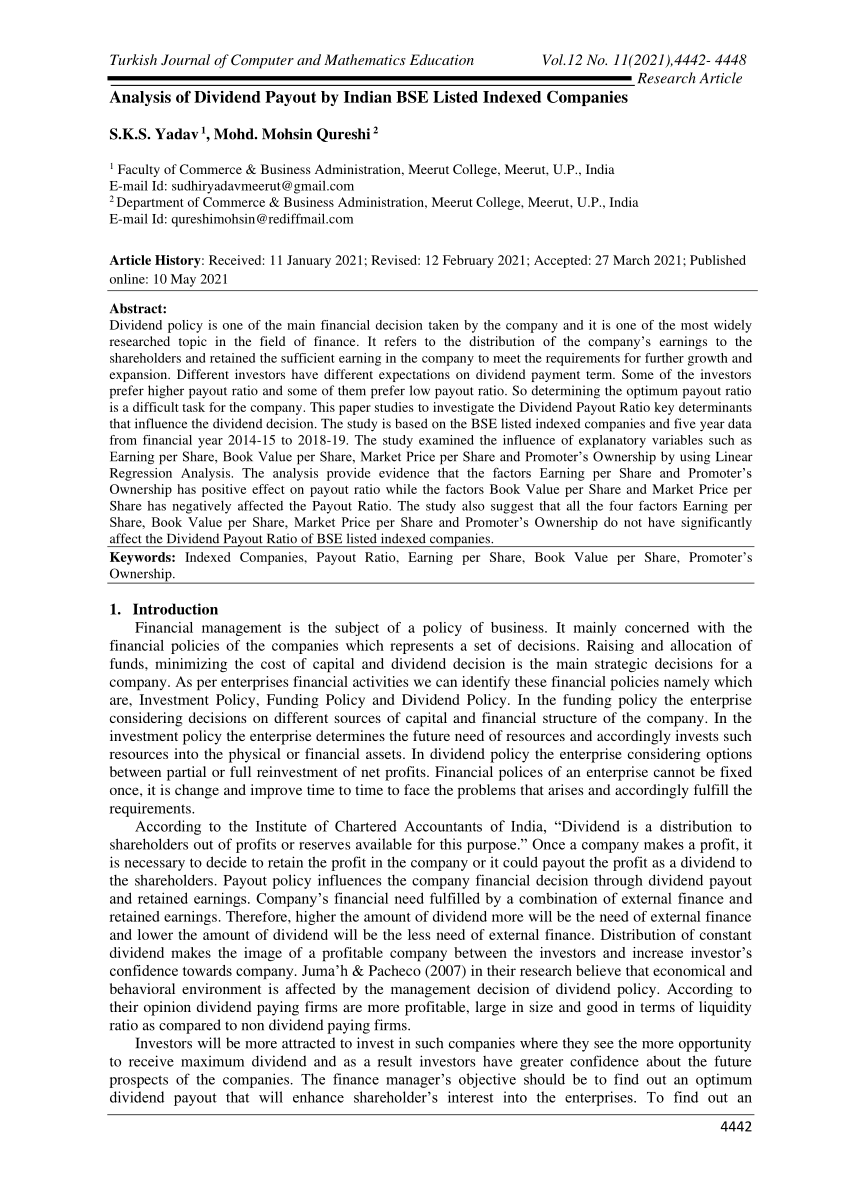 (PDF) Analysis of Dividend Payout by Indian BSE Listed Indexed Companies