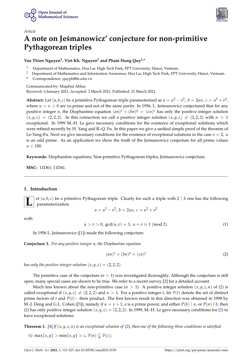 Pdf A Note On Jesmanowicz Conjecture For Non Primitive Pythagorean Triples