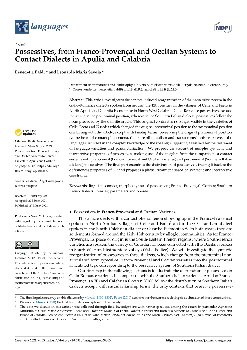 Pdf Possessives From Franco Provencal And Occitan Systems To Contact Dialects In Apulia And Calabria