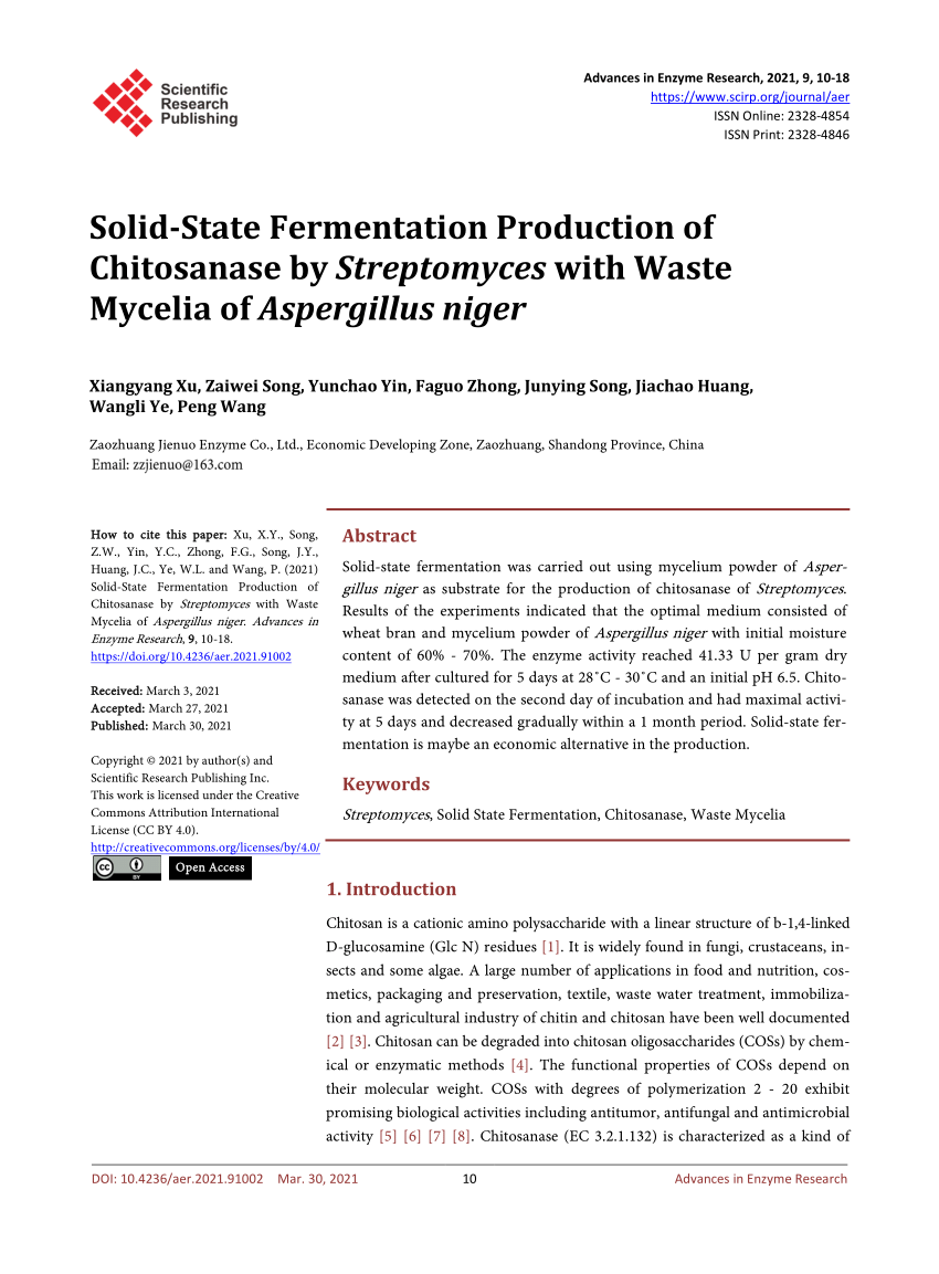 Pdf Solid State Fermentation Production Of Chitosanase By Streptomyces With Waste Mycelia Of Aspergillus Niger