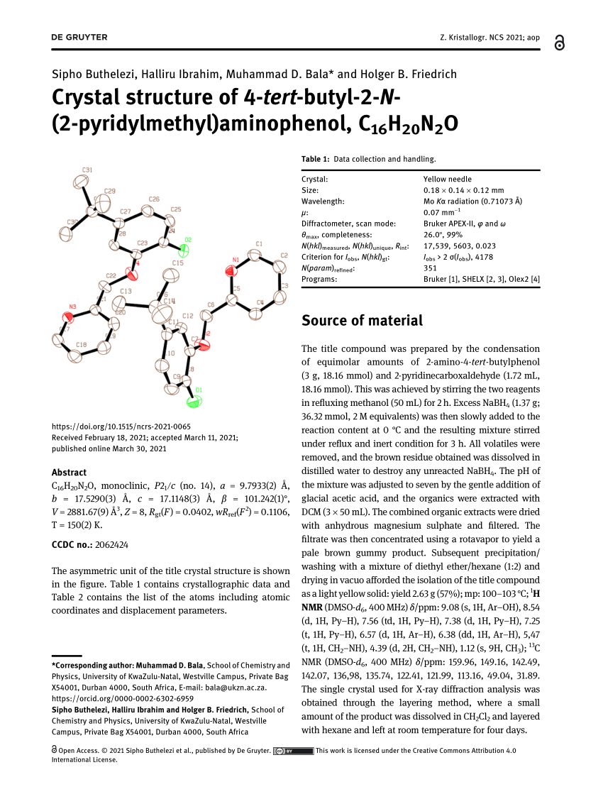 PDF) Crystal structure of 4- tert -butyl-2- N -(2-pyridylmethyl 