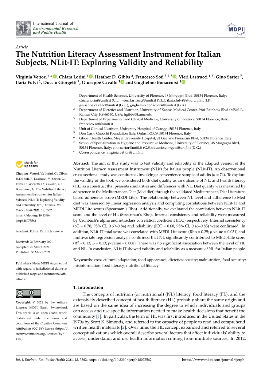 PDF The Nutrition Literacy Assessment Instrument for Italian  