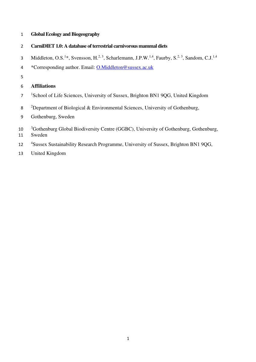 (PDF) CarniDIET 1.0: A database of terrestrial carnivorous mammal diets