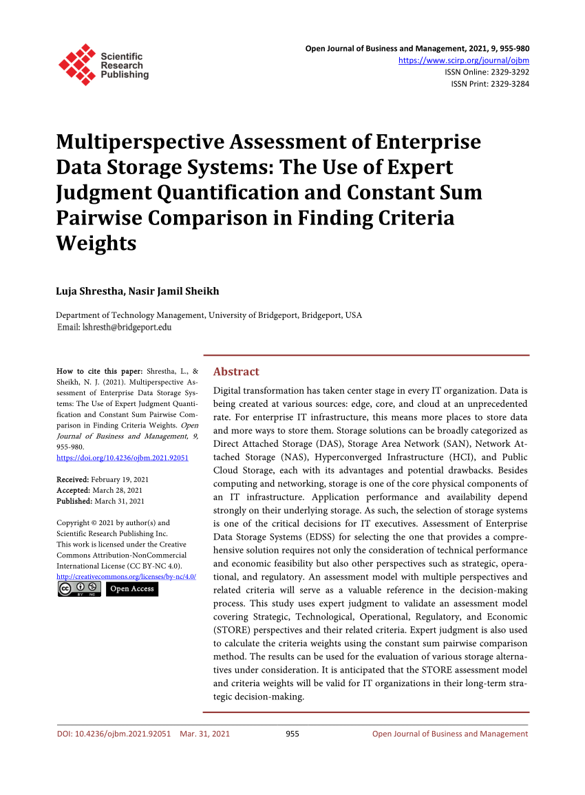 Pdf Multiperspective Assessment Of Enterprise Data Storage Systems The Use Of Expert Judgment Quantification And Constant Sum Pairwise Comparison In Finding Criteria Weights