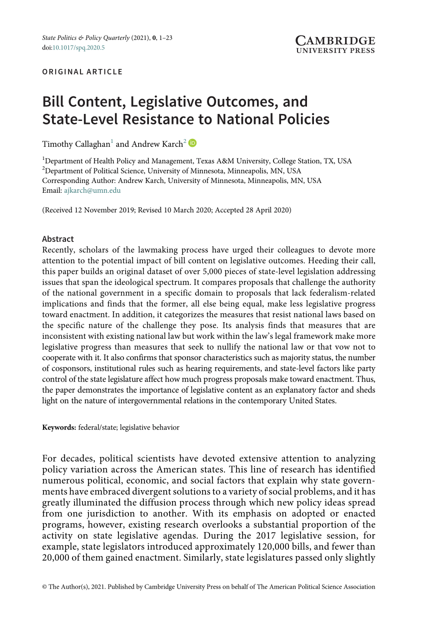 (PDF) Bill Content, Legislative and StateLevel Resistance to