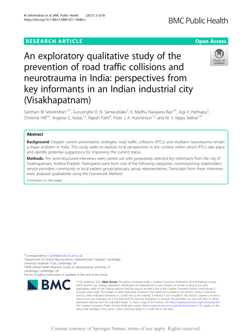 Pdf An Exploratory Qualitative Study Of The Prevention Of Road Traffic Collisions And Neurotrauma In India Perspectives From Key Informants In An Indian Industrial City Visakhapatnam