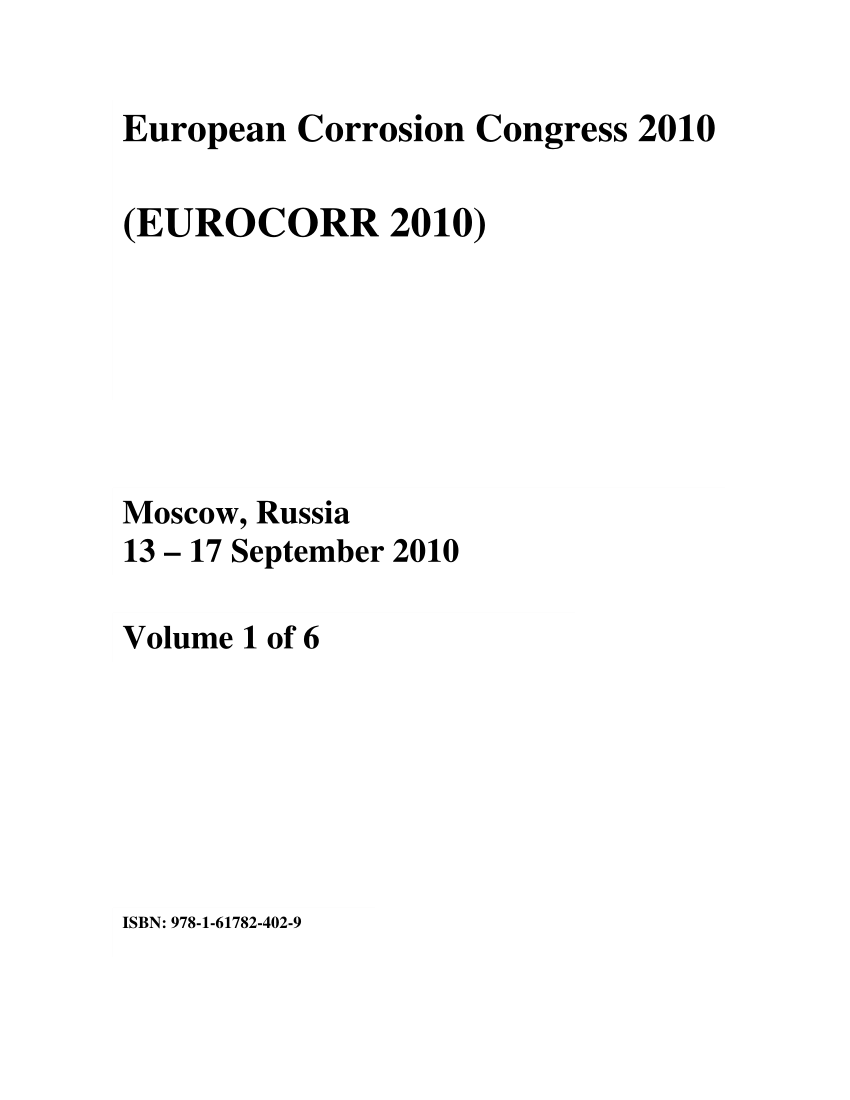 PDF) European Corrosion Congress 2010 (EUROCORR 2010) Volume 1 of