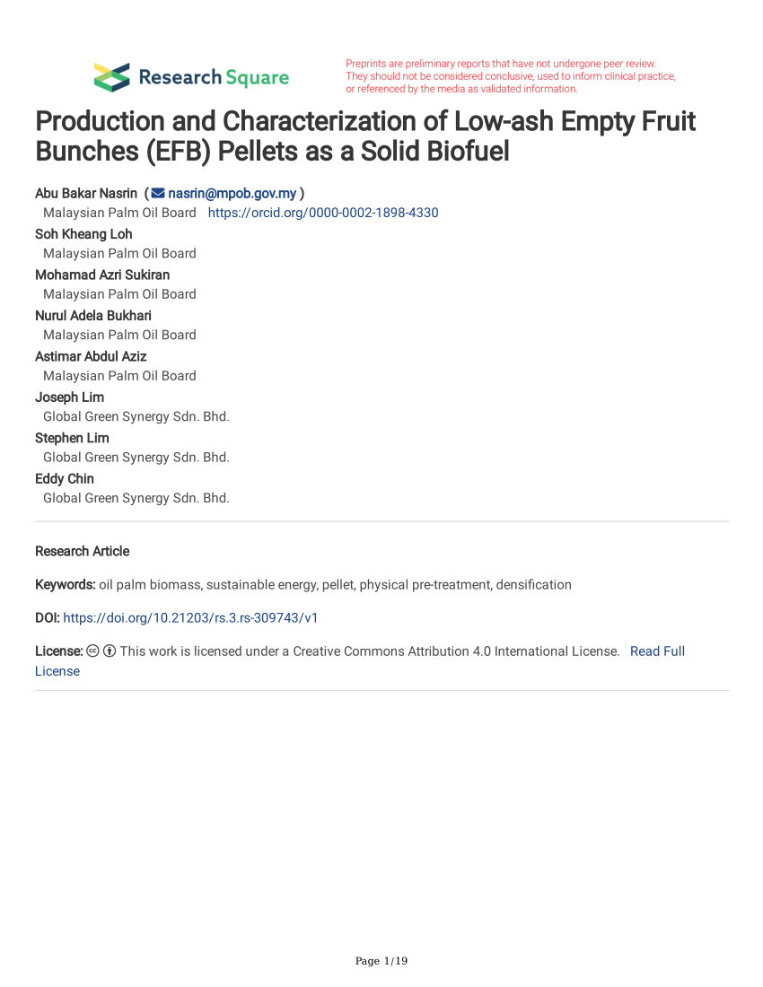 Pdf Production And Characterization Of Low Ash Empty Fruit Bunches Efb Pellets As A Solid Biofuel