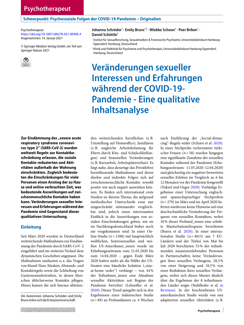 (PDF) Veränderungen sexueller Interessen und Erfahrungen während der COVID-19-Pandemie - Eine 