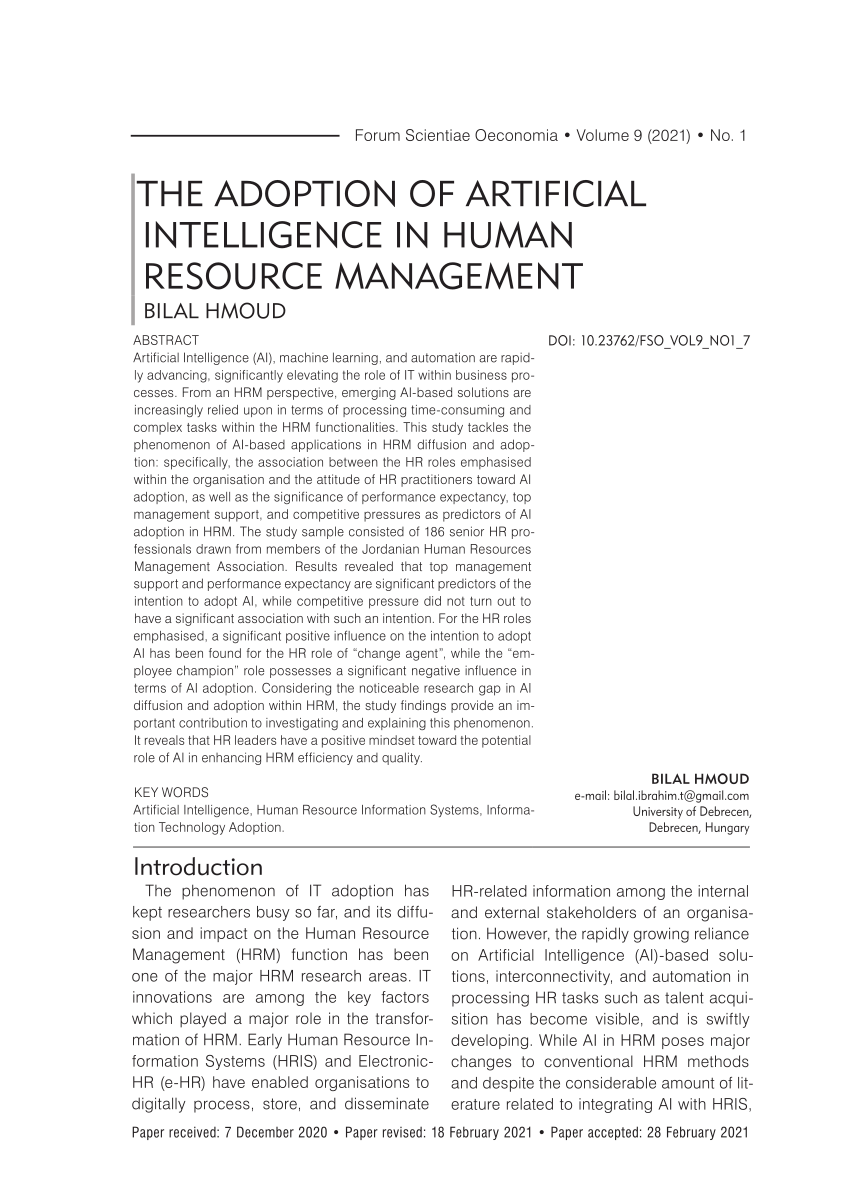 Pdf The Adoption Of Artificial Intelligence In Human Resource Management And The Role Of Human Resources