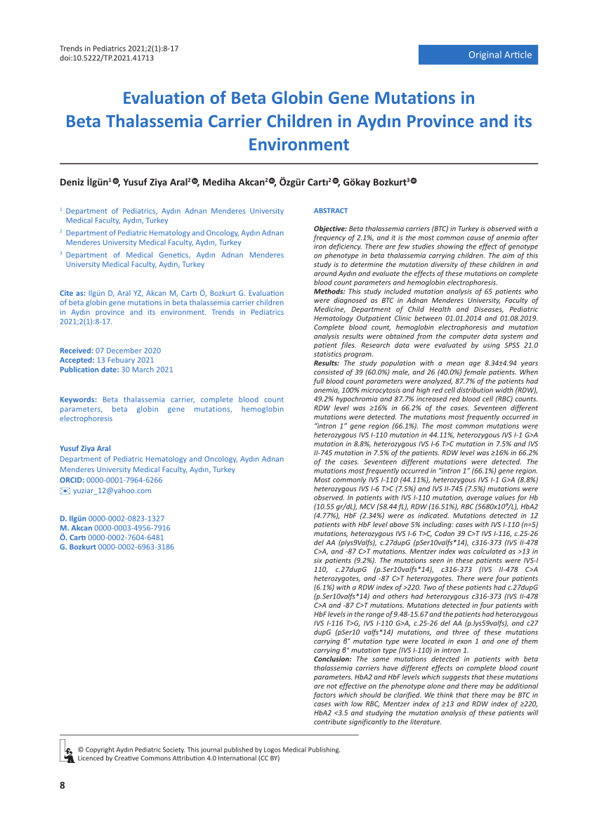 Pdf Evaluation Of Beta Globin Gene Mutations In Beta Thalassemia Carrier Children In Aydin Province And Its Environment