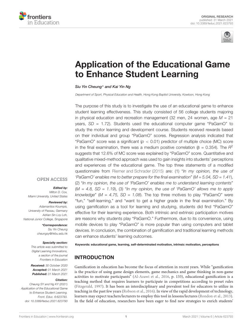 Frontiers  Application of the Educational Game to Enhance Student