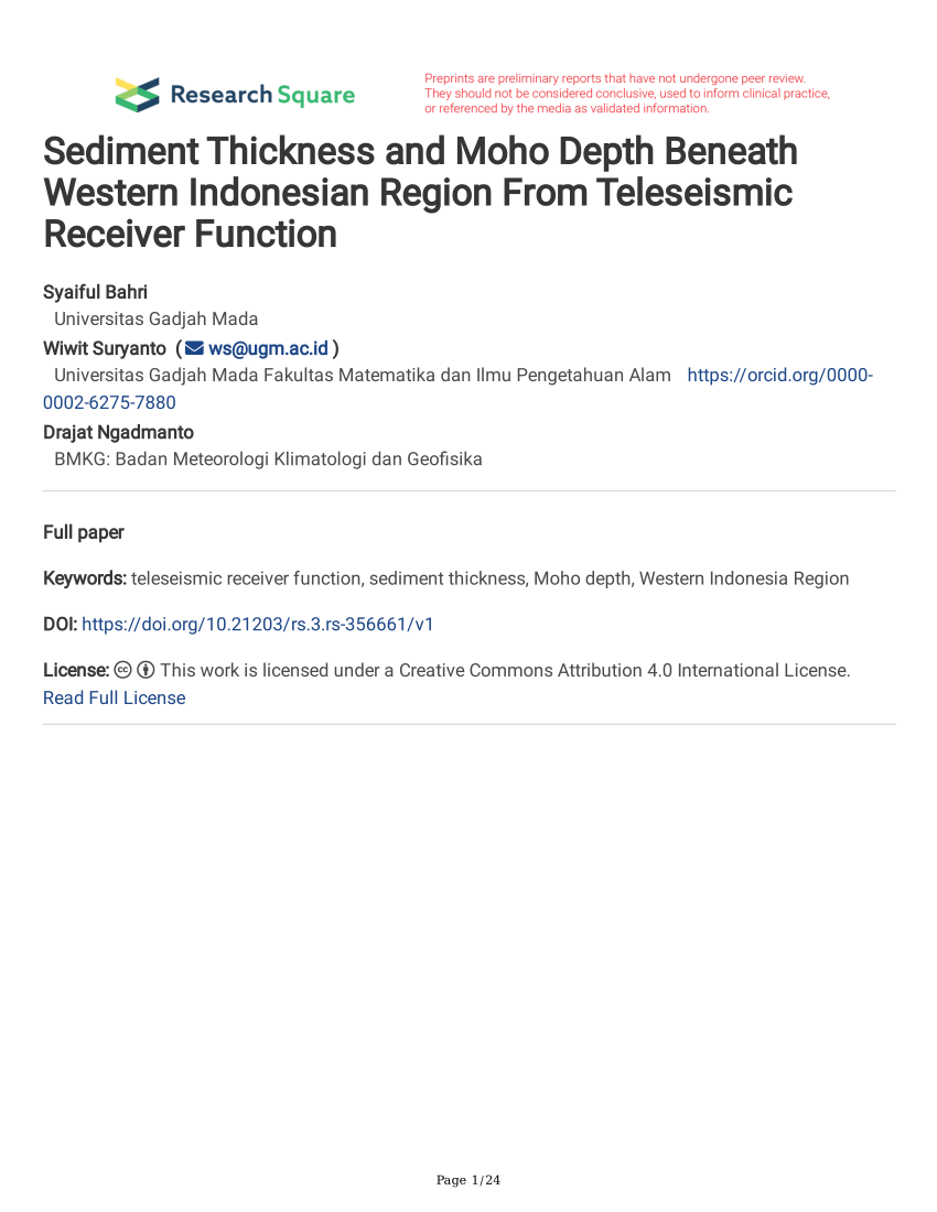 Pdf Sediment Thickness And Moho Depth Beneath Western Indonesian Region From Teleseismic Receiver Function