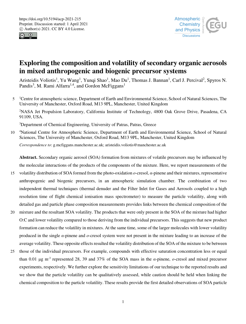 Pdf Exploring The Composition And Volatility Of Secondary Organic Aerosols In Mixed Anthropogenic And Biogenic Precursor Systems