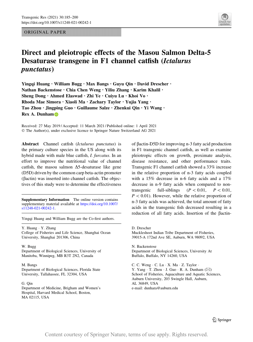 Direct And Pleiotropic Effects Of The Masou Salmon Delta 5 Desaturase Transgene In F1 Channel Catfish Ictalurus Punctatus Request Pdf