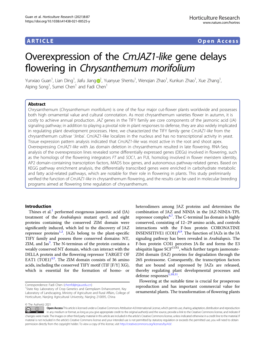 PDF) Overexpression of the CmJAZ1-like gene delays flowering in ...