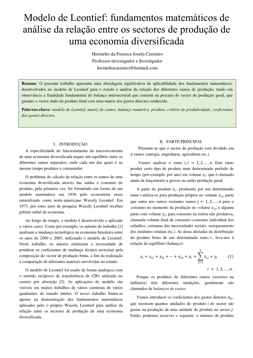 PDF) Modelo de Leontief: fundamentos matemáticos de análise da relação  entre os sectores de produção de uma economia diversificada