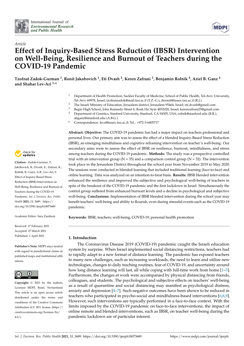 Pdf Effect Of Inquiry Based Stress Reduction Ibsr Intervention On Well Being Resilience And