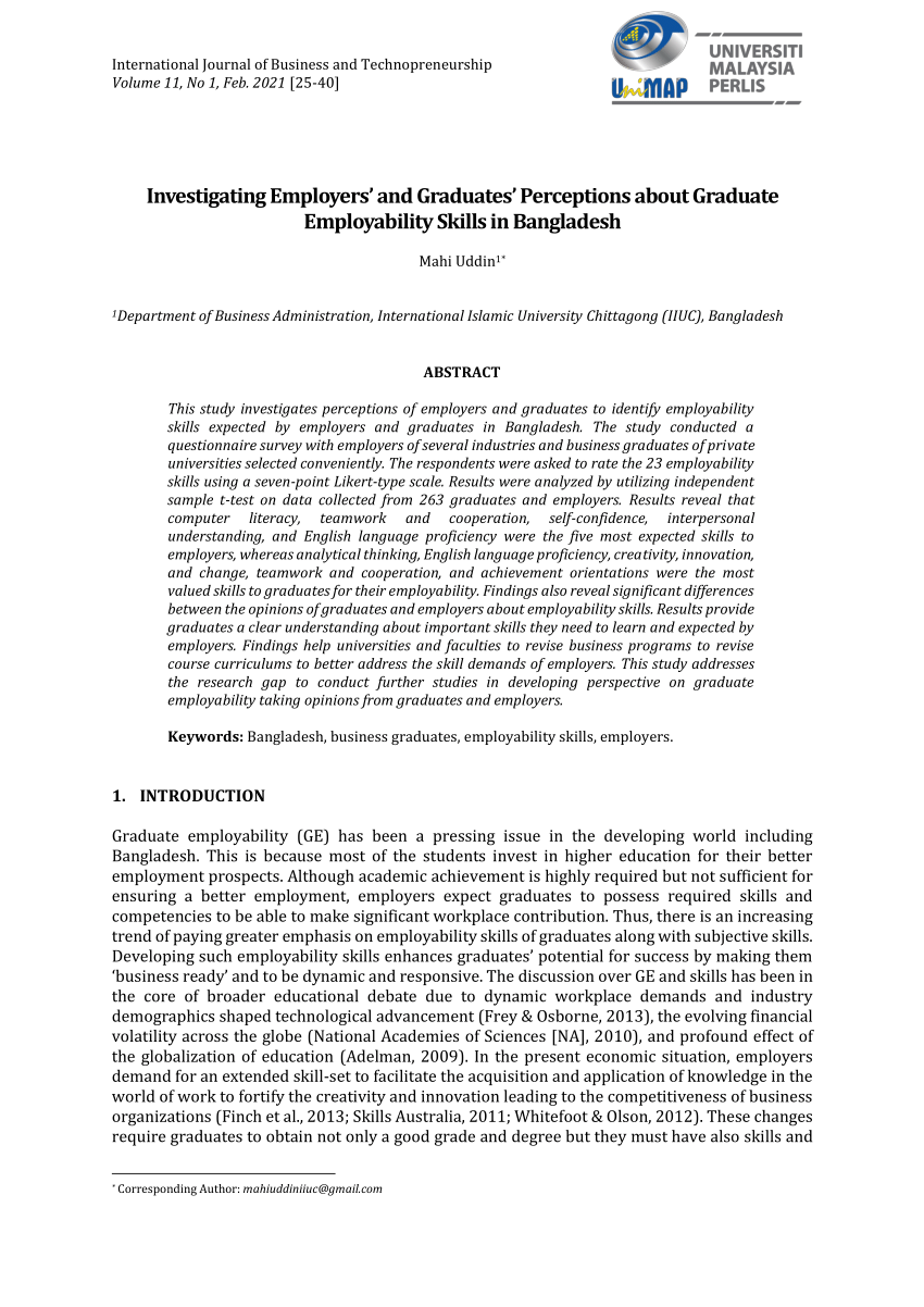 Pdf Investigating Employers And Graduates Perceptions About Graduate Employability Skills In 4343