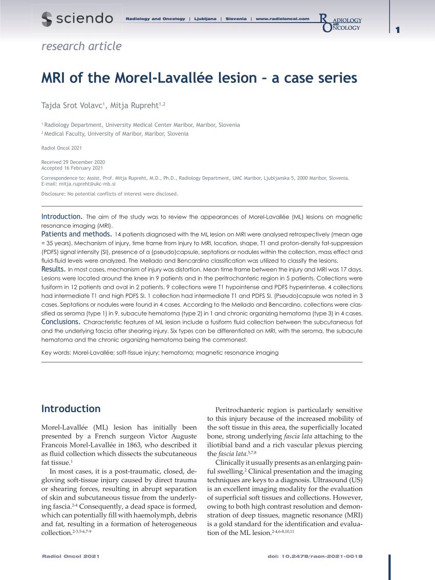 Pdf Mri Of The Morel Lavallée Lesion A Case Series