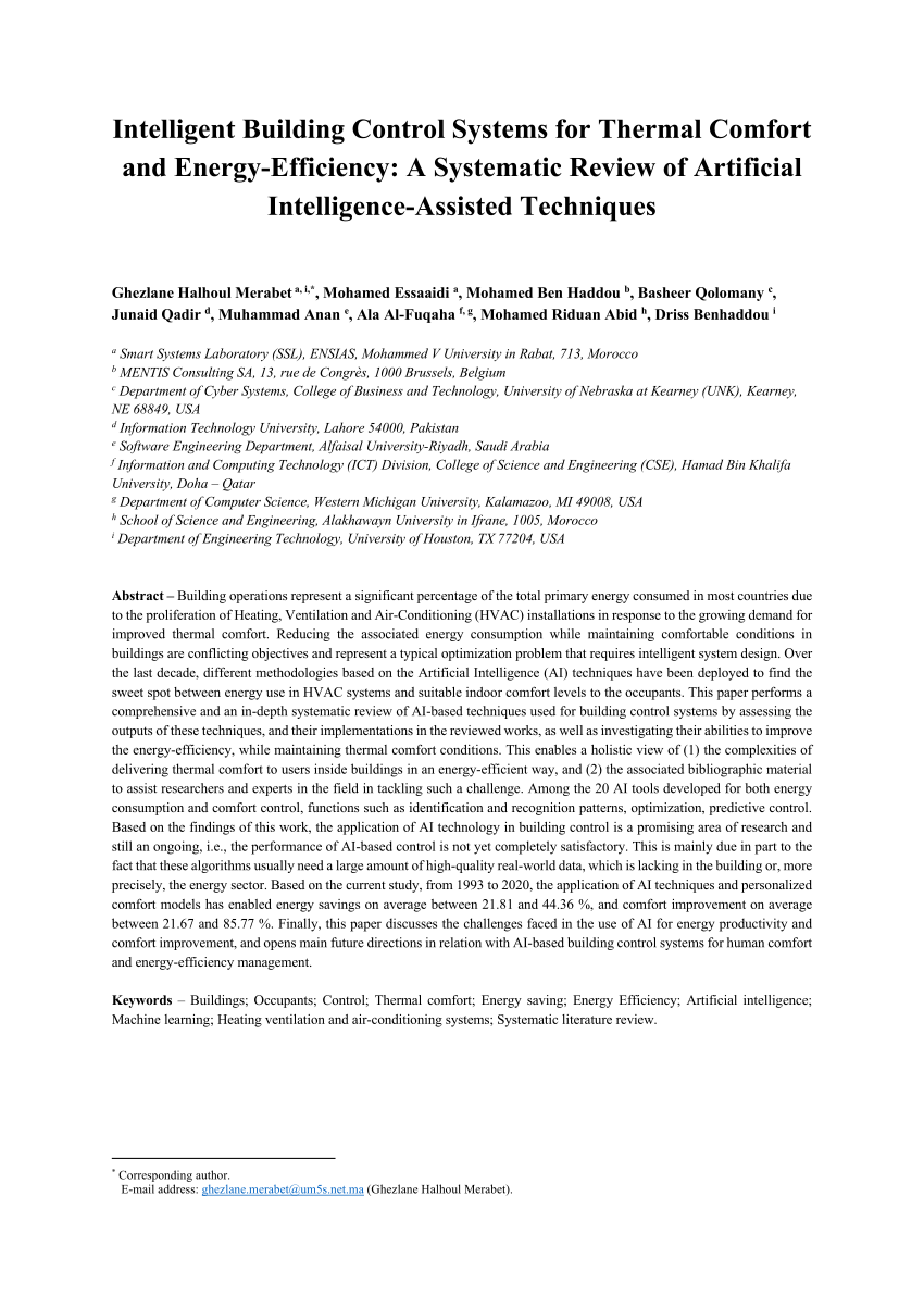 Pdf Intelligent Building Control Systems For Thermal Comfort And Energy Efficiency A Systematic Review Of Artificial Intelligence Assisted Techniques